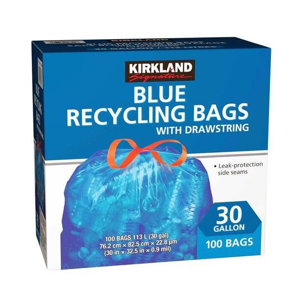 Kirkland Signature Blue Recycling Bags With Drawstring 30 Gallon