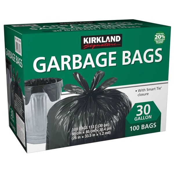 Kirkland Signature 30 Gallon Garbage Bags with Smart Tie Closure, 100 Count
