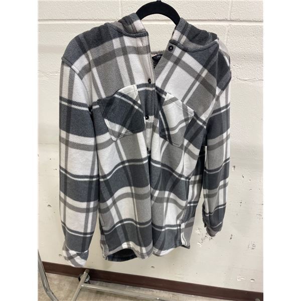 Gray and White Plaid Hooded Flannel Shirt