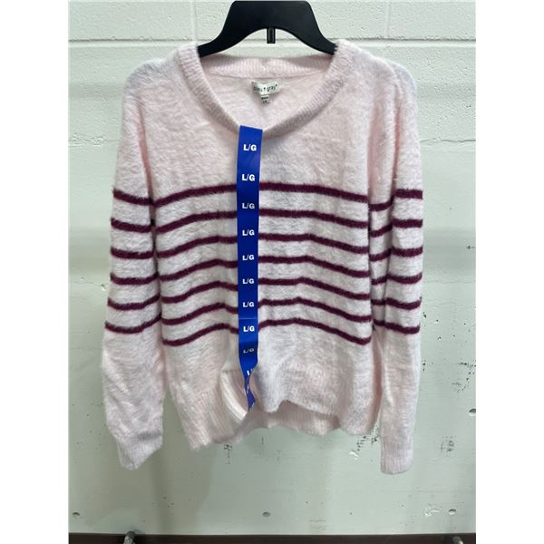 Bleu Gray Pink Sweater with Burgundy Stripes in Size L/G