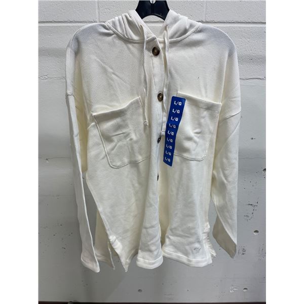 Roxy Women’s Hooded Long-Sleeve Button-Up Shirt in White, Size Large
