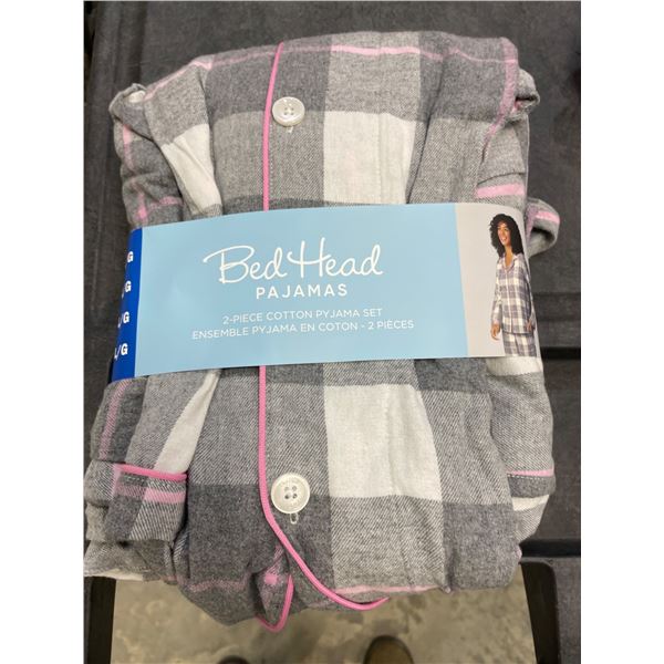 BedHead Pajamas 2-Piece Cotton Pajama Set L/G Size Gray And Pink Checkered