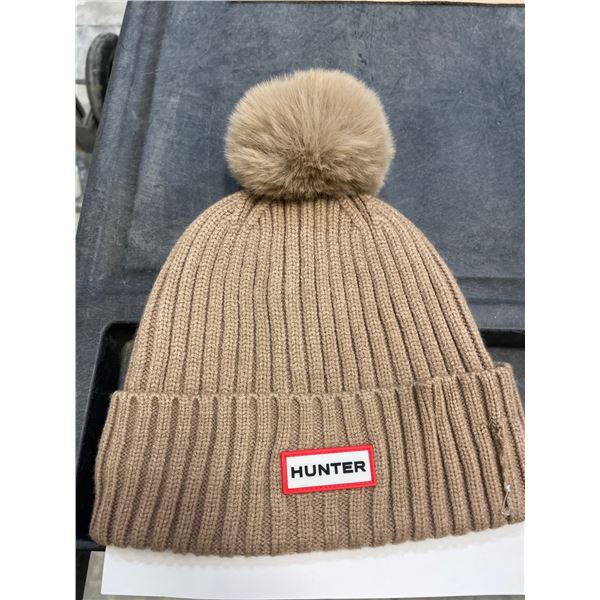 Tan Ribbed Knit Beanie with Pom-Pom and Hunter Logo Patch