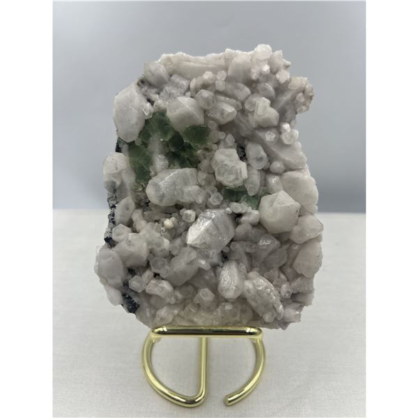 5 X 3 INCH GREEN FLUORITE WITH CALCITE SPECIMEN ON STAND