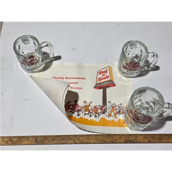 3 dog and suds mugs and 2 place mats