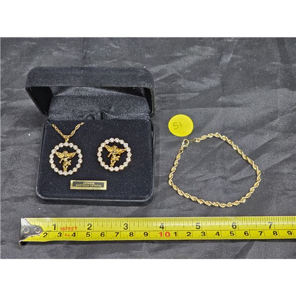 Vintage Genuine Austrian Crystal Pendant and Brooch Set, Gold Colored Bracelet