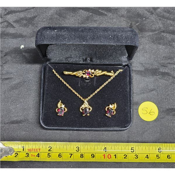 Garnet Necklace, Brooch, and Earring Set in Box (Unverified)