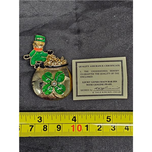 JJI Lucky Leprechaun Bar Pin w/ Genuine Pearl