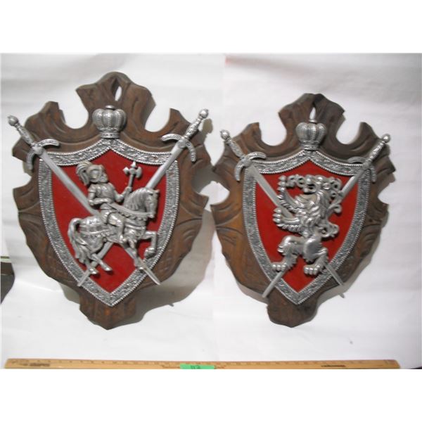 (2) Vintage Coat of Arms Wall Hangings.  Cast Metal on Red Velvet and Wood. 19 x 26”