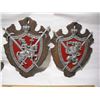 Image 1 : (2) Vintage Coat of Arms Wall Hangings.  Cast Metal on Red Velvet and Wood. 19 x 26”