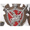 Image 2 : (2) Vintage Coat of Arms Wall Hangings.  Cast Metal on Red Velvet and Wood. 19 x 26”