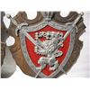 Image 3 : (2) Vintage Coat of Arms Wall Hangings.  Cast Metal on Red Velvet and Wood. 19 x 26”