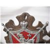 Image 4 : (2) Vintage Coat of Arms Wall Hangings.  Cast Metal on Red Velvet and Wood. 19 x 26”
