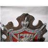 Image 5 : (2) Vintage Coat of Arms Wall Hangings.  Cast Metal on Red Velvet and Wood. 19 x 26”