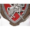 Image 6 : (2) Vintage Coat of Arms Wall Hangings.  Cast Metal on Red Velvet and Wood. 19 x 26”