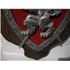 Image 7 : (2) Vintage Coat of Arms Wall Hangings.  Cast Metal on Red Velvet and Wood. 19 x 26”