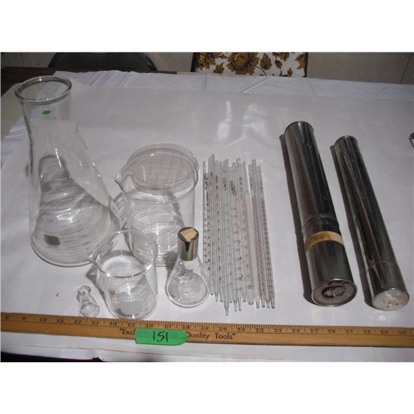 Vintage Glass Beakers, Pipettes, (2) Storage Containers