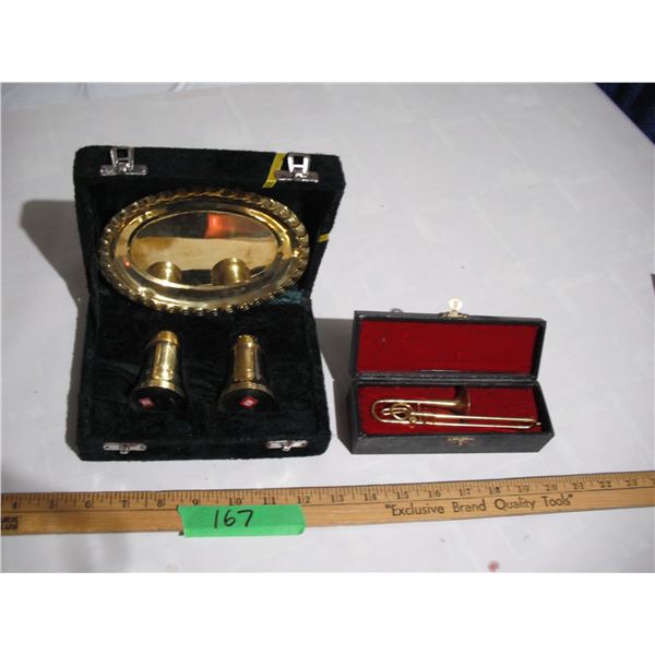 Brass S&P Shaker w/ Plate in Case, Mini Trombone in Case