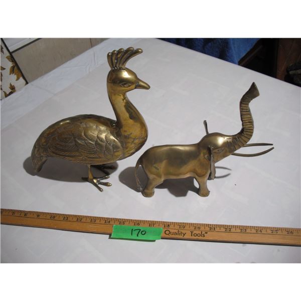 Brass Elephant & Brass Peacock Figures