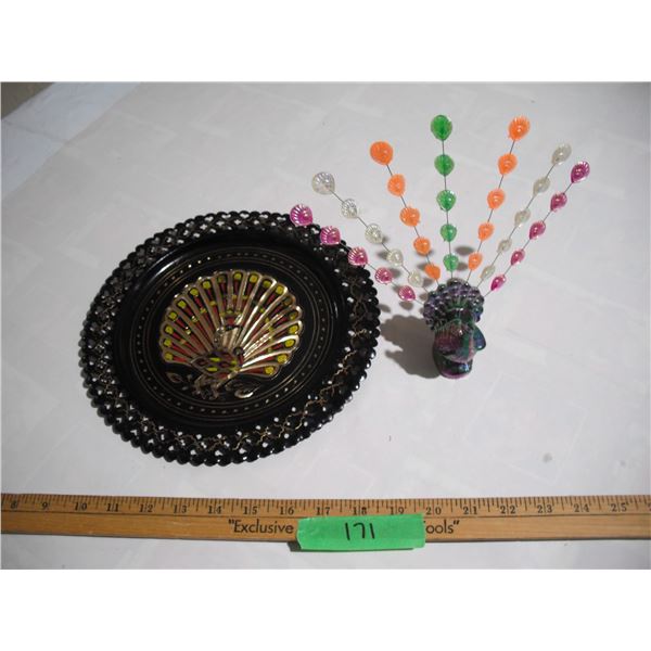 Brass Plate Peacock Design, Vintage Plastic Iridescent Peacock Figure