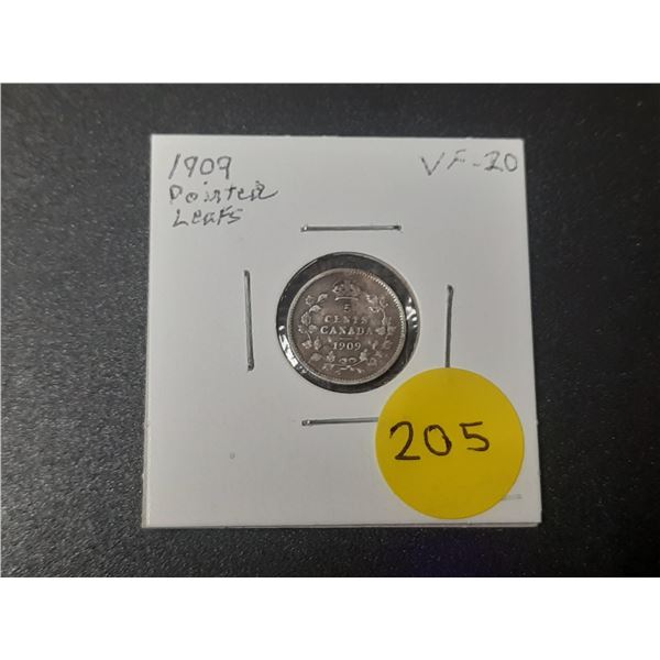 1909 Canadian Silver Small Five Cents - Pointed Leaves