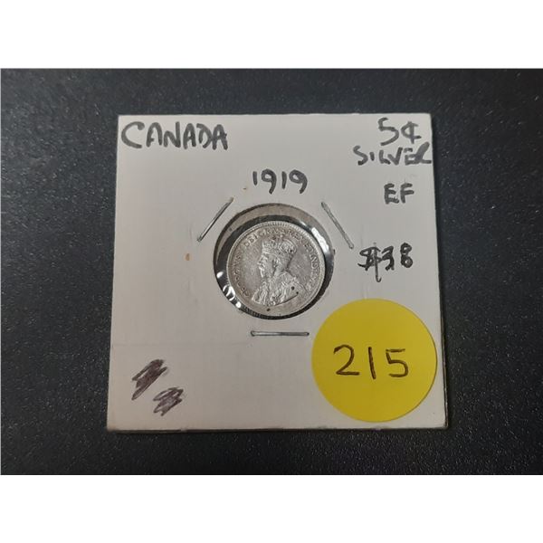 1919 Canadian Silver Small Five Cents