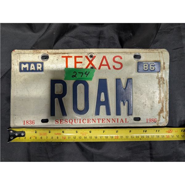 1986 Texas (Roam) 1836-1986 (sesquicentennial) License Plate