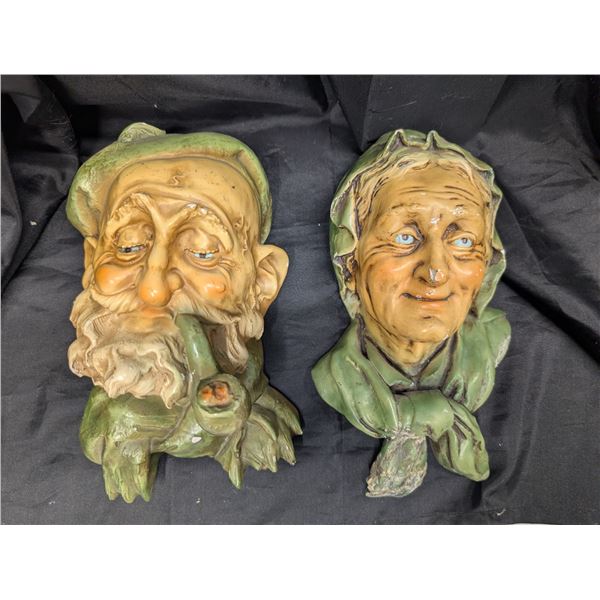 (2) DeVon ware Chalkware Heads an and Woman Large 8" (Some Wear)