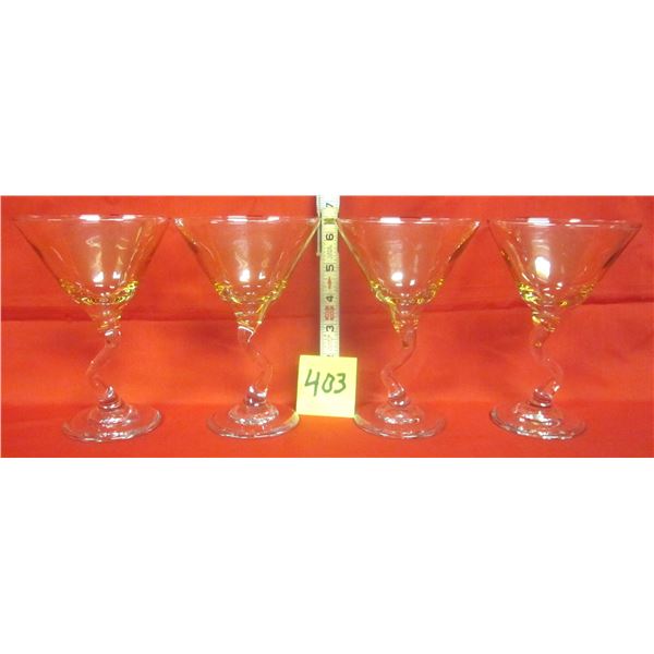 (4) Amber Crooked Stem Zig Zag Martini Glass Set (Libby ?)