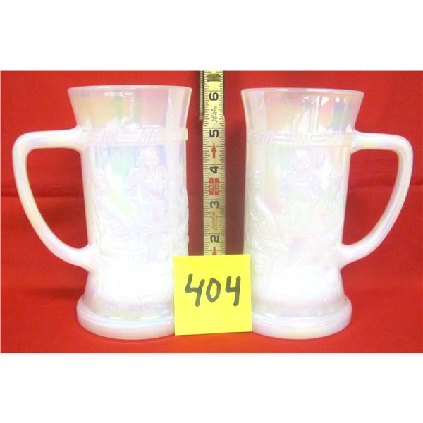 (2) Vintage White Federal Glass Embossed Iridescent Bar Scene Steins