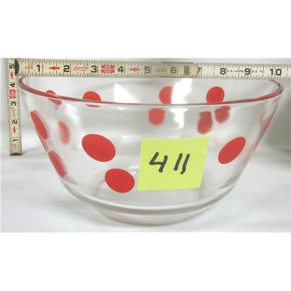 Clear Glass Red Polka Dot Serving Bowl 5" H x 10" D