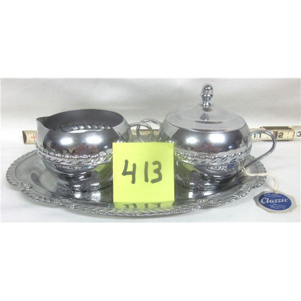 Stainless Chromium Plated Cream & Sugar Set w/ Serving Tray “Made in England”