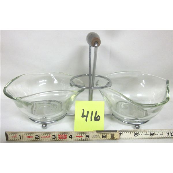 Chrome Serving Set w/Wooden Handle & (2) Fancy 5” Curved Clear Bowls