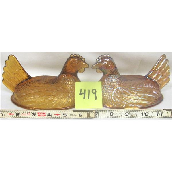 (2) Vintage Indiana Glass Amber Hen on Nest **LIDS ONLY**