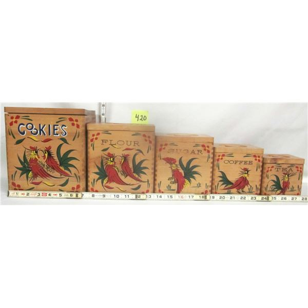 10 Piece Vintage Wooden Cannister Set. Rooster Design w/ Dovetail Corners