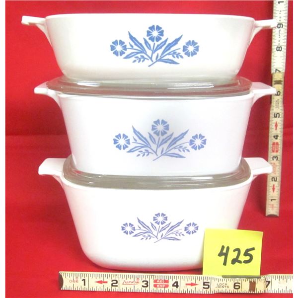(3) Vintage Corning Ware Blue Cornflower Casserole Dishes w/ (2) Lids (Sizes in Description)