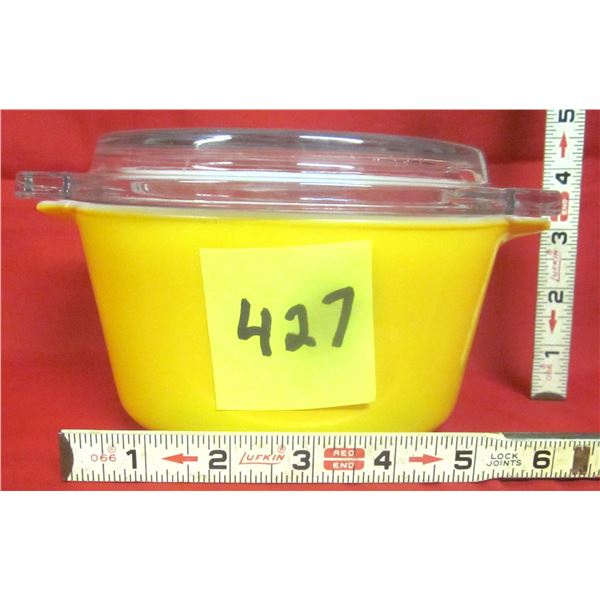 Vintage Pyrex #473 Yellow One-Quart Round Ovenware Bowl Casserole Dish w/ Clear Lid