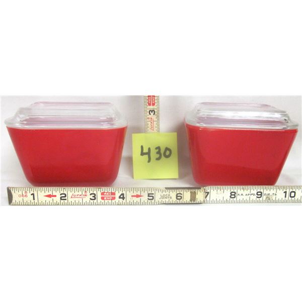 (2) Vintage Pyrex 501-B Primary Red 1½ c Refrigerator Dish w/ (2) 501-C Ribbed Clear Lids