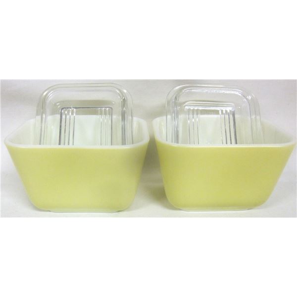 (2) Vintage Pyrex 501-B Yellow 1½ c Refrigerator Dish w/ (2) 501-C Ribbed Clear Lids