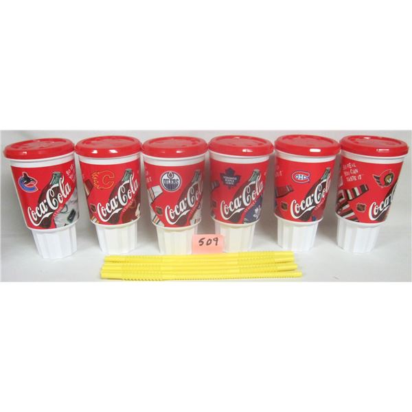 Set of (6) NEW Super Gulp Coca-Cola NHL Canadian Team Cups w/Lid and Straw