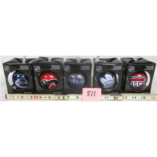 (5) NEW Canadian NHL Team Xmas Ornaments (w/ mini candy pucks)