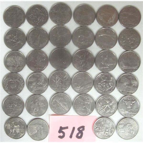(34) 1999-2008 US “Statehood” 25 cent Coins.  No Duplicates.