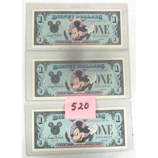 (3) RARE 1988 Uncirculated Consecutive Disney $1 Notes feat. Mickey Mouse.