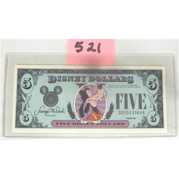 RARE 1988 Uncirculated Low # Disney $5 Note feat. Goofy.