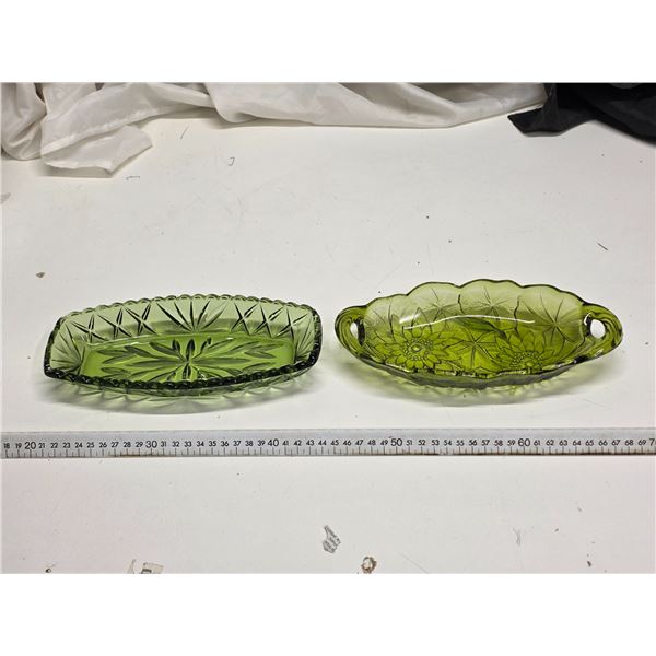 2 green glass pickle bowls