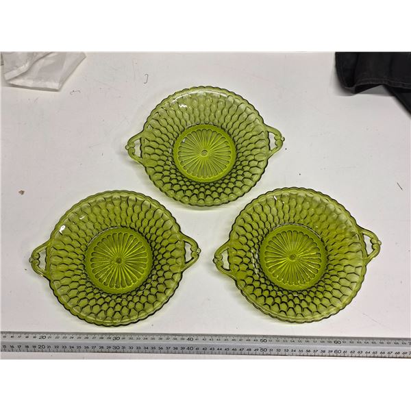 3 green glass bowls
