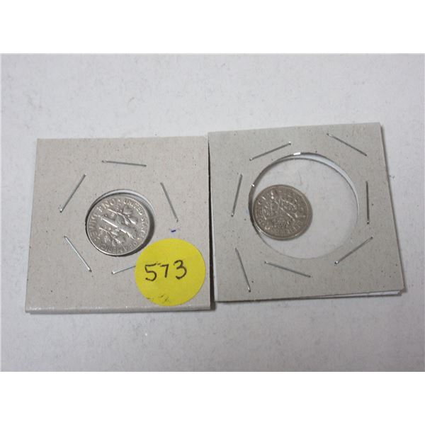 1953 U.S.A Silver 10 Cents and 1931 Great Britain Three Pence - 50% sterling silver (0.500 fine)