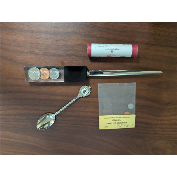 Letter Opener With Coins, Roll of Pennies, and etc. Lot