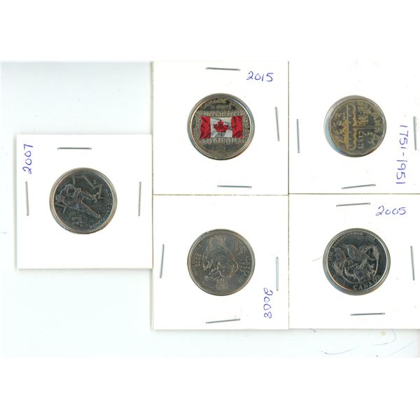 (4) Canadian 25 Cent Commemorative Coins and 1951 Canadian 5 Cent Coin