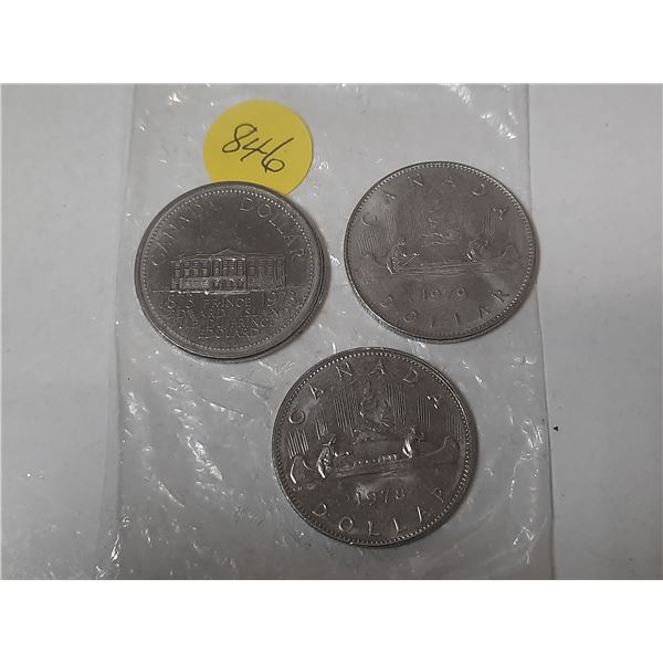 3 canadian 1 dollar coins- 1973, 1978, 1979